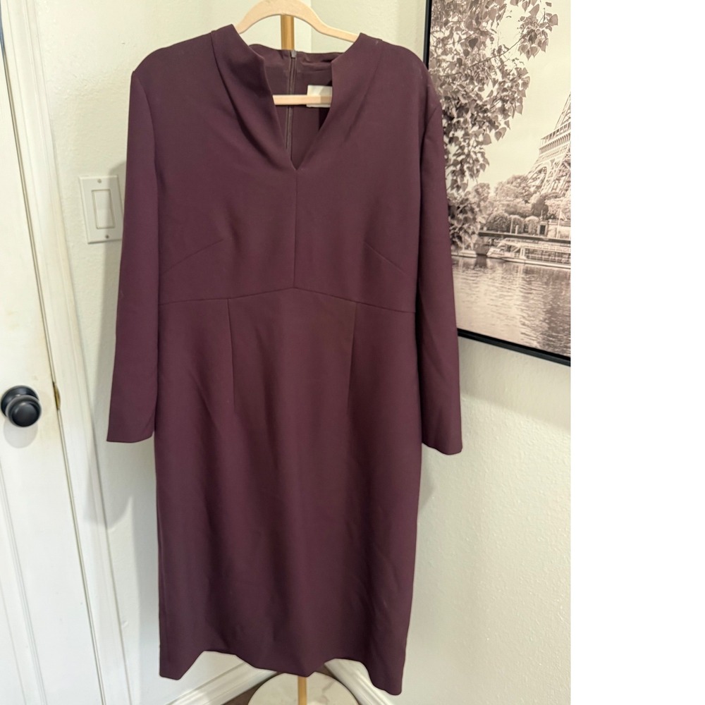BOSS Hugo Boss Debara Plum Purple Notched V-Neck Sheath Dress Size 14 Long Slv